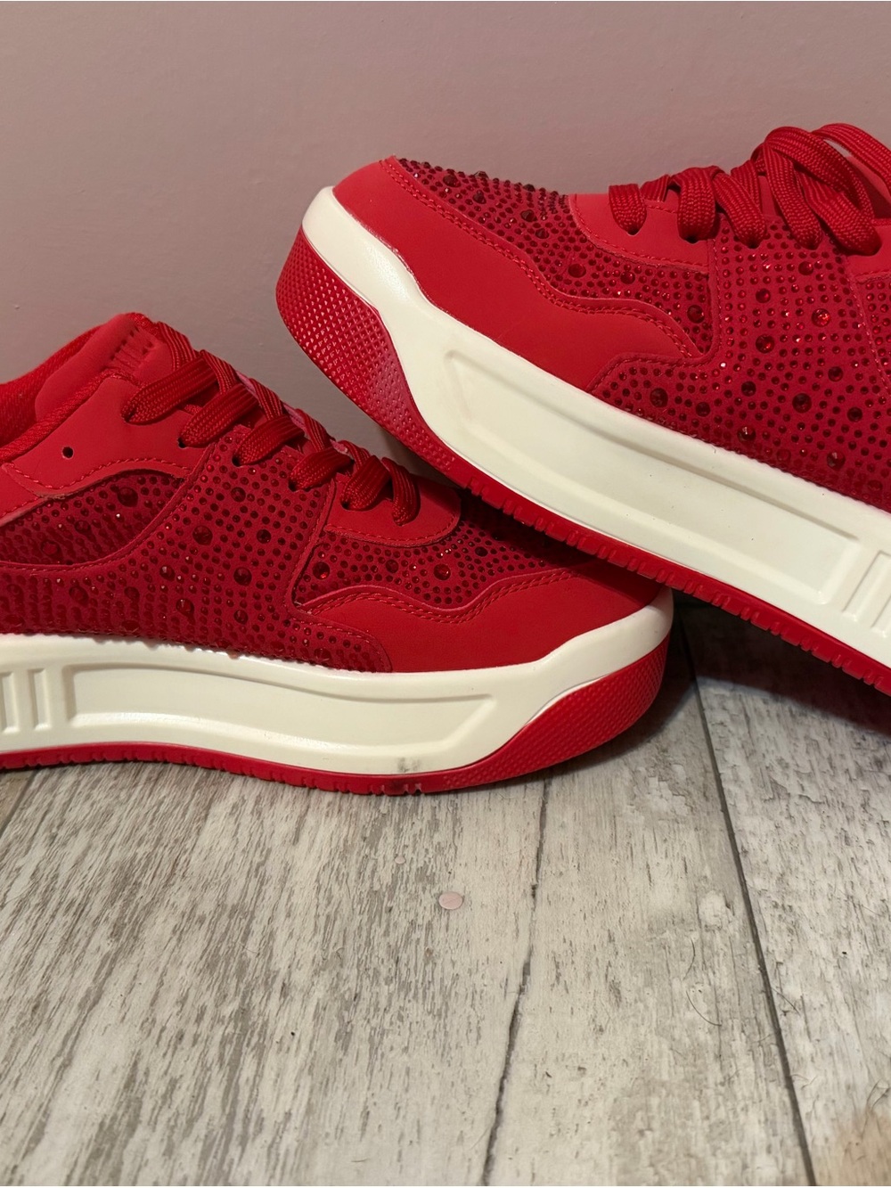 Red Rhinestone Accent Platform Sneakers